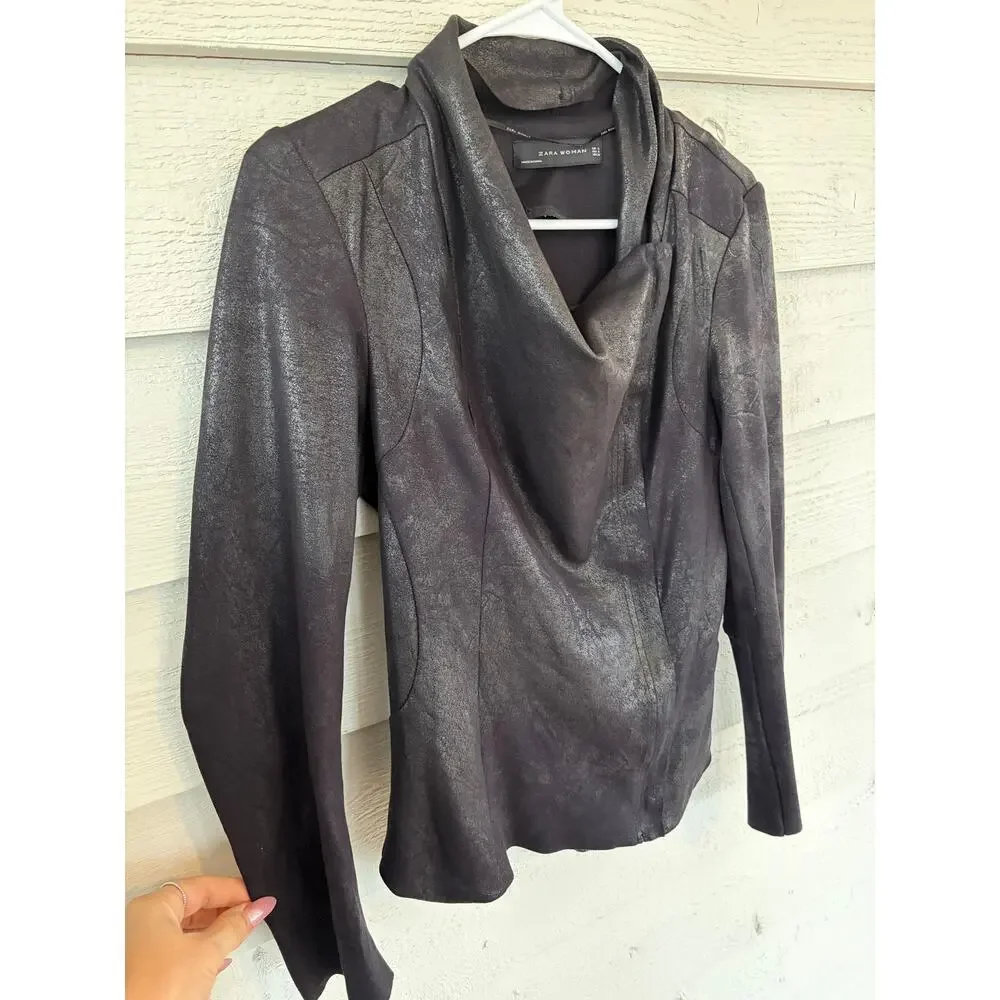 ZARA Woman Metallic Faux Leather Drape Neck Moto Top Jacket Size S - Picture 3 of 6